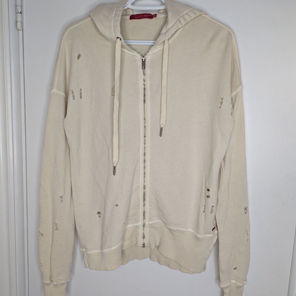 PHILANTHROPY Cream Zip Up Distressed Hoodie Size M